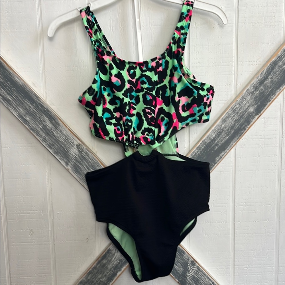 art class Kids Swim One Piece - Pink, Green, and Black Leopard